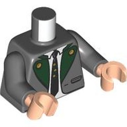 LEGO part 973c12h02pr0011 Torso, Jacket, Green Collar, Gold Buttons, White Shirt, Dark Green Tie, Crumbs print, Dark Bluish Gray Arms, Light Nougat Hands in Dark Stone Grey / Dark Bluish Gray