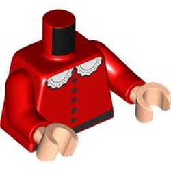 LEGO part 973c22h02pr0007 Torso, Dress, White Collar, Black Buttons, Belt print, Red Arms, Light Nougat Hands in Bright Red/ Red