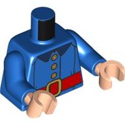 LEGO part 973c28h02pr0004 Torso, Jacket, Yellow Buttons, Wide Red Belt, Gold Belt Buckle print, Blue Arms, Light Nougat Hands in Bright Blue/ Blue