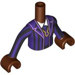 LEGO part 92456c15pr0002 Minidoll Torso Girl with Reddish Brown Arms and Hands with Black/Dark Purple Striped School Uniform, Tie, White Shirt, Gold Symbol print in Reddish Brown