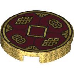 LEGO part 14769pr0169 Tile Round 2 x 2 with Gold Coin, Dark Red Background, Gold Decorations print in Warm Gold/ Pearl Gold