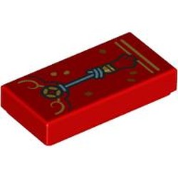 LEGO part 3069bpr9894 Tile 1 x 2 with Envelope, Gold Trim, Medium Azure Tassel print in Bright Red/ Red
