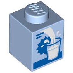 LEGO part 3005pr0028 Brick 1 x 1 with Milk Carton, Filling Glass print in Light Royal Blue/ Bright Light Blue