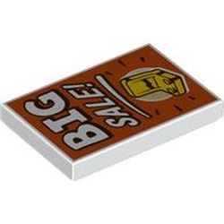 LEGO part 26603pr0175 Tile 2 x 3 with White 'BIG SALE!', Yellow Chair on Red Background print in White