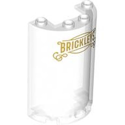 LEGO part 85941pr0004 Cylinder Half 2 x 4 x 5 with 1 x 2 cutout with Gold Sign, 'BRICKLEYS' print in Transparent/ Trans-Clear