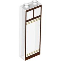 LEGO part 46212pr0001 Brick 1 x 2 x 5 without Side Supports with Reddish Brown Windows, Gold Stripes print in Transparent/ Trans-Clear