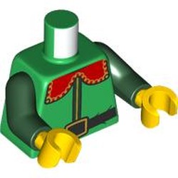 LEGO part 973c35h01pr0006 Torso, Elf Costume, Red Collar, Dark Green Trim, Black Belt, Gold Belt Buckle print, Dark Green Arms, Yellow Hands in Dark Green/ Green