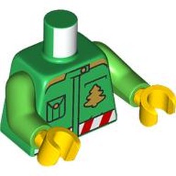 LEGO part 973c06h01pr0004 Torso, Shirt, Gold Christmas Tree, Pocket, Red/White Belt print, Bright Green Arms, Yellow Hands in Dark Green/ Green