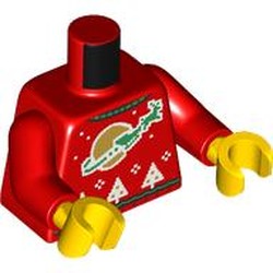 LEGO part 973c22h01pr0054 Torso, Ugly Christmas Sweater, Green Sleigh Flying Across Gold Planet (Classic Space Logo), White Trees print, Red Arms, Yellow Hands in Bright Red/ Red