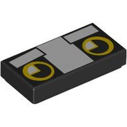 LEGO part 3069bpr9899 Tile 1 x 2 with Blocky Cat Face, Yellow Eyes, White Eyebrows print in Black