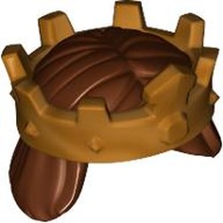 LEGO part 18835pr0001 Hair and Crown, Mid-Length Straight with Gold Crown Print in Reddish Brown