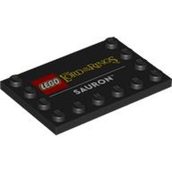 LEGO part 6180pr0044 Plate Special 4 x 6 with Studs on 3 Edges with 'LEGO Lord of the Rings SAURON' print in Black