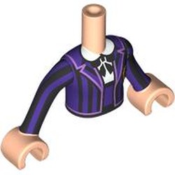 LEGO part 92456c01pr0135 Minidoll Torso Girl with Light Nougat Arms and Hands with Dark Purple Jacket, Black Stripes, Gold Symbol, Black Shirt, Silver Pendant print in Light Nougat