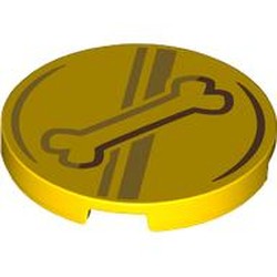 LEGO part 67095pr0011 Tile Round 3 x 3 with Black/Dark Bluish Grey Circles, Stripes, Bone print (Dog Collar) in Bright Yellow/ Yellow