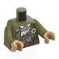 Torso, Jacket, Gold Belt Buckle with Dark Red '007', Ammo Belt, Buttons, Light Bluish Grey Shirt print, Olive Green Arms, Warm Tan Hands
