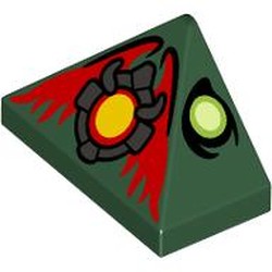 LEGO part 15571pr0002 Slope 45° 2 x 1 Triple with Lime/Yellowish Green Eyes, Dark Bluish Grey/Yellow Medallion, Red Wings print in Earth Green/ Dark Green
