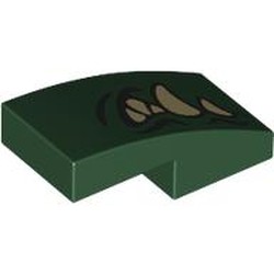 LEGO part 11477pr0052 Slope Curved 2 x 1 No Studs [1/2 Bow] with Mouth, Tan Fangs Right print in Earth Green/ Dark Green