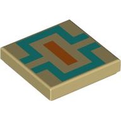 LEGO part 3068bpr0449 Tile 2 x 2 with Orange/Dark Turquoise Lines print in Brick Yellow/ Tan