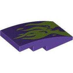 LEGO part 93606pr0028 Slope Curved 4 x 2 No Studs with Lime Flames print in Medium Lilac/ Dark Purple