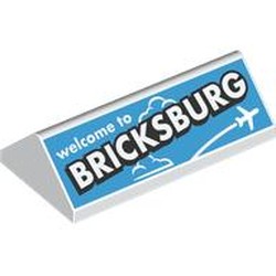 LEGO part 3041pr0003 Slope 45° 2 x 4 Double with White 'welcome to BRICKSBURG' on Medium Azure Background print in White