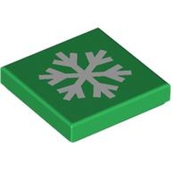 LEGO part 3068bpr0743 Tile 2 x 2 with White Snowflake print in Dark Green/ Green