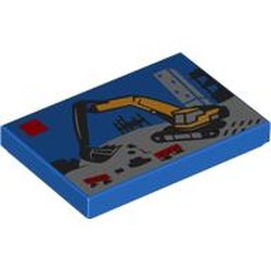 LEGO part 26603pr0176 Tile 2 x 3 with LEGO Set, Excavator print in Bright Blue/ Blue