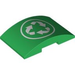 LEGO part 78522pr0007 Brick Curved 4 x 6 Double, 2 x 4 Cutout with White Recycling Sign print in Dark Green/ Green