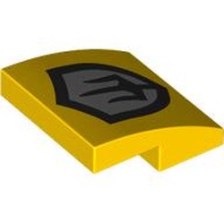 LEGO part 15068pr0116 Slope Curved 2 x 2 x 2/3 with Shield, Trident on Silver Background print in Bright Yellow/ Yellow