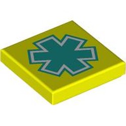 LEGO part 3068bpr0747 Tile 2 x 2 with White/Dark Turquoise Star of Life print in Vibrant Yellow