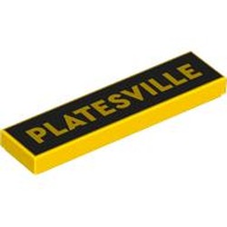 LEGO part 2431pr0230 Tile 1 x 4 with 'PLATESVILLE' on Black Background print in Bright Yellow/ Yellow