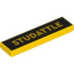 LEGO part 2431pr0231 Tile 1 x 4 with 'STUDATTLE' on Black Background print in Bright Yellow/ Yellow
