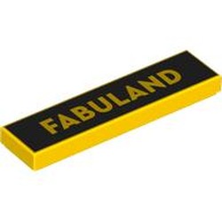 LEGO part 2431pr0232 Tile 1 x 4 with 'FABULAND' on Black Background print in Bright Yellow/ Yellow
