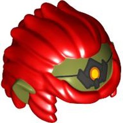 LEGO part 114618pr0001 Hair, Short Pulled Back, Olive Green Forehead, Ears, Silver Medallion print in Bright Red/ Red