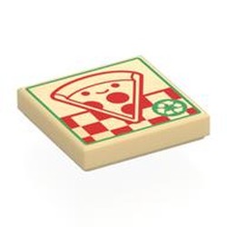 LEGO part 3068bpr0459 Tile 2 x 2 with Pizza Box, Red Smiling Pizza, Green Border print in Brick Yellow/ Tan