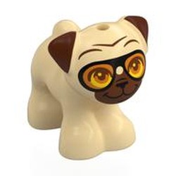 LEGO part 24111pr0007 Animal, Dog, Pug with Reddish Brown Face, Ears, Orange Goggles print in Brick Yellow/ Tan