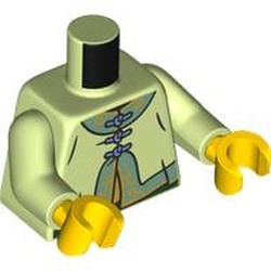 LEGO part 973c40h01pr0003 Torso, Chines Tunic, Sand Blue Collar/Trim, Sand Blue Laces, Gold Decorations print, Yellowish Green Arms, Yellow Hands in Spring Yellowish Green/ Yellowish Green