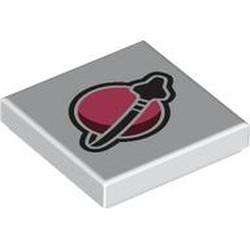 LEGO part 3068bpr0447 Tile 2 x 2 with Modern Classic Space Logo, Pink/Dark Red Planet print in White