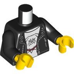 LEGO part 973c03h01pr0012 Torso, Leather Jacket, White Trim, White Shirt with Bulldog print, Black Arms, Yellow Hands in Black