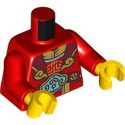 LEGO part 973c22h01pr0060 Torso, Traditional Chines Robe, Dark Red Panels, Medium Azure/Gold Decorations print, Red Arms, Yellow Hands in Bright Red/ Red