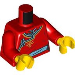 LEGO part 973c22h01pr0058 Torso Traditional Chinese Robe, Gold/Medium Azure Trim, Sash print, Red Arms, Yellow Hands in Bright Red/ Red