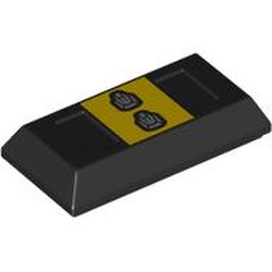 LEGO part 99563pr0001 Tile Special 1 x 2 with Sloped Walls AKA Money / Gold Bar [Ingot] with print in Black