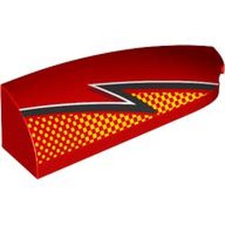 LEGO part 7205pr0001 Slope Curved 1 x 4 with Stud Notch Right with Black/White Lightning, Bright Light Orange Dots print in Bright Red/ Red