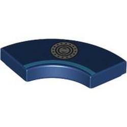 LEGO part 27925pr0021 Tile 2 x 2 Curved, Macaroni with Dark Azure Stripe, Silver Fuel Cap print in Earth Blue/ Dark Blue