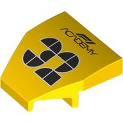 LEGO part 7821pr0001 Slope Curved 2 x 2 x with Notches 27° with Black 'F1 ACADEMY 32' print in Bright Yellow/ Yellow