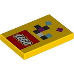 LEGO part 26603pr0046 Tile 2 x 3 with LEGO Logo, Black/Magenta/White/Medium Azure Squares print in Bright Yellow/ Yellow