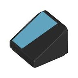 LEGO part 54200pr0034 Slope 30° 1 x 1 x 2/3 (Cheese Slope) with Medium Azure Shape print in Black