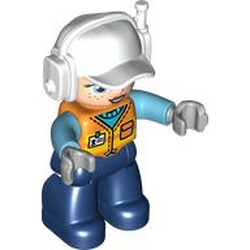 LEGO part 10111pr0005 Duplo Figure with Headset and Cap White, Dark Blue Legs, Safety Vest, Light Nougat Face Print in Bright Orange/ Orange