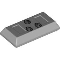 LEGO part 99563pr0002 Tile Special 1 x 2 with Sloped Walls AKA Money / Gold Bar [Ingot] with print in Medium Stone Grey/ Light Bluish Gray