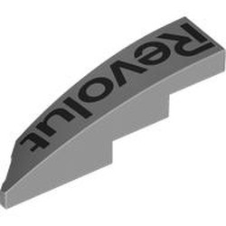 LEGO part 5414pr0002 Slope Curved 1 x 4 with Stud Notch Right with Black 'Revolut' print in Medium Stone Grey/ Light Bluish Gray