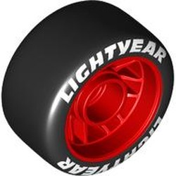 LEGO part 105162pr0004 Wheel Rim 24 x 13.4 with Black Slick Tyre with White 'Lightyear' print in Bright Red/ Red